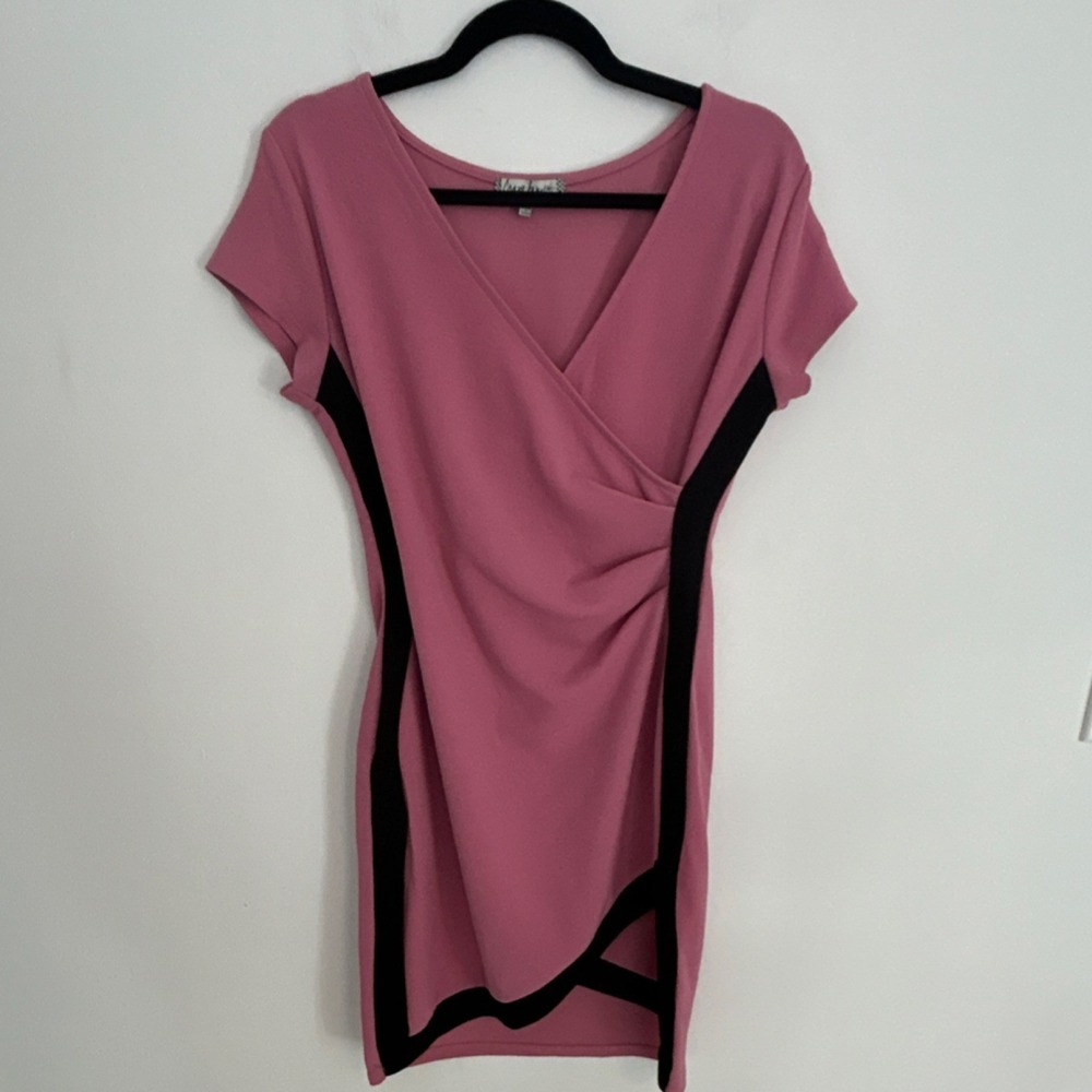 Crave Fame Pink Black Sheath Dress Ruched Knee‎ Length Short Sleeve XL